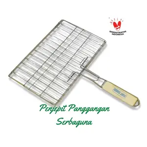 Panggangan Ikan Gagang Kayu Pemanggang daging ayam sate Set Alat panggang jepit Stainless Kitchenware