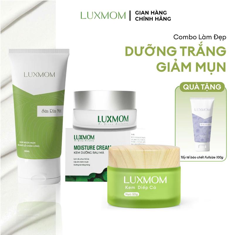   MUA 3 ĐƯỢC 4  Combo Làm Đẹp Gồm Kem Diếp Cá Luxmom + Kem Rau Má + Sữa Rửa Mặt 2in1 + Tặng Kèm Tẩy Da Chết Fullsize - Hỗ Trợ Dưỡng Trắng Làm Đều Màu Da Giúp Giảm Mụn Mờ Thâm 