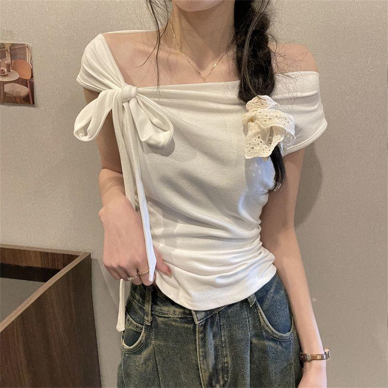Áo Phông Trễ Vai Áo Ngắn Buộc Dây Nhỏ Mùa Hè, Dành Cho Nữ, Kiểu Trễ Vai 3