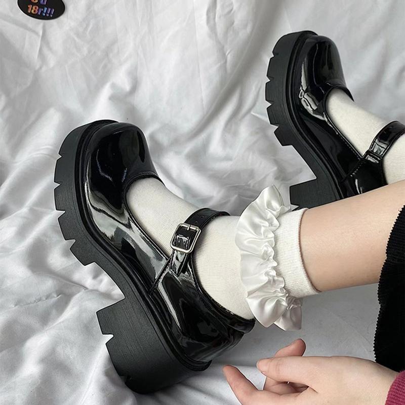 (Form 1.5) Giày búp bê lolita nữ trắng đế cao 7 phân GD009 Cao Su Shoes Caro Hoa giày mary