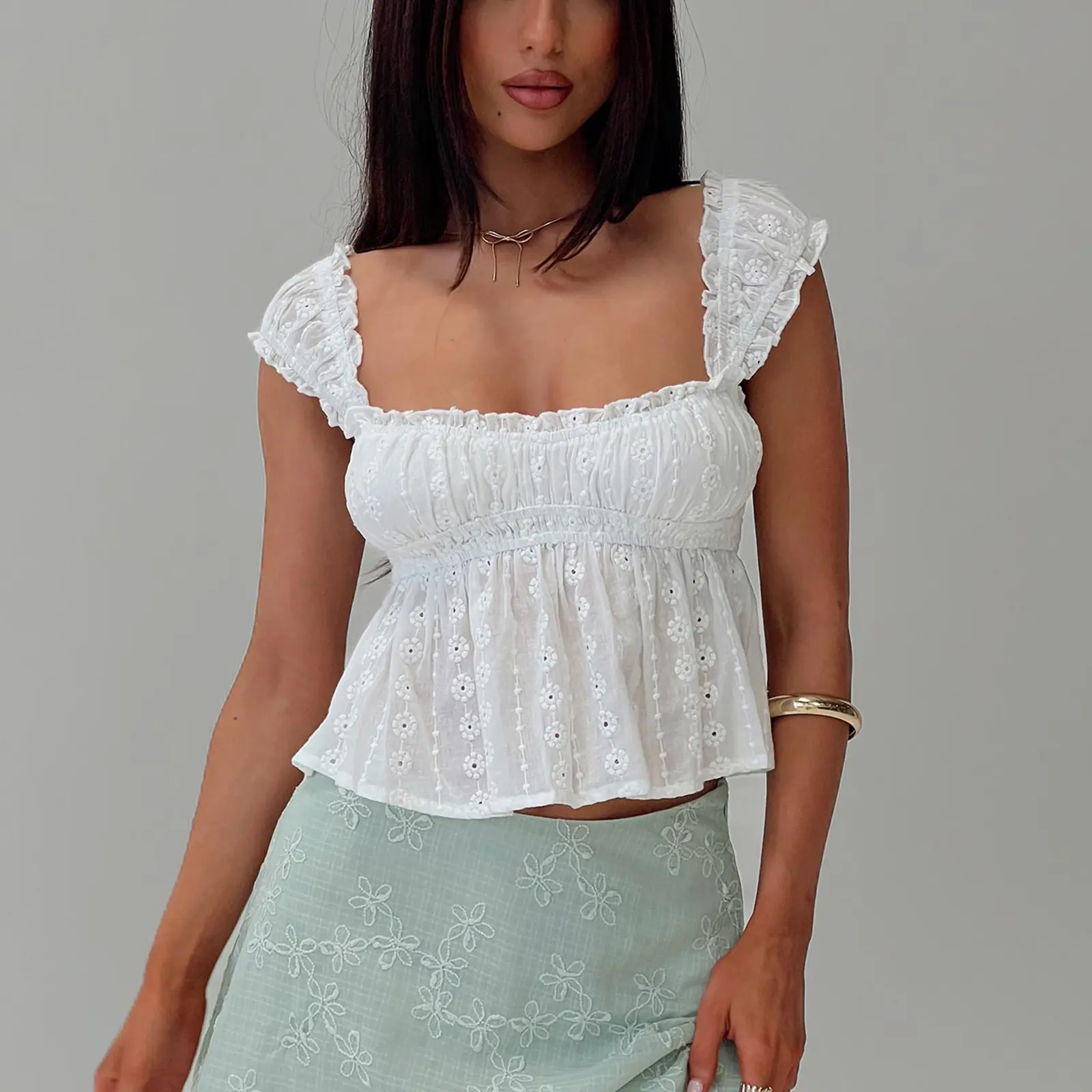Women Crop Basic T-Shirts Casual Summer Eyelet Lace Cap Sleeve Tops for Streetwear Aesthetic Grunge Clothes
