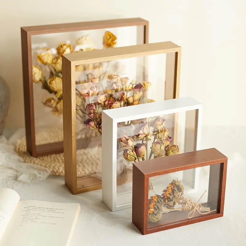 1 PCS Wooden Hollow Dried Flower Plant Photo Frame Double-sided Transparent Acrylic Picture Frame Creative DIY Home Decoration