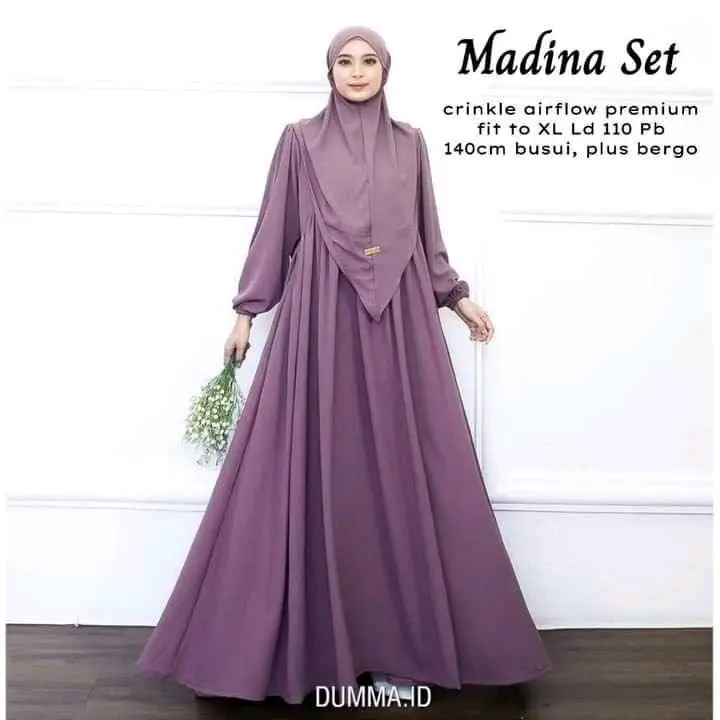(FREE HIJAB) Medina Set Crincle Airflow - Gamis  Syar'i Busui Lengen Frendly 3