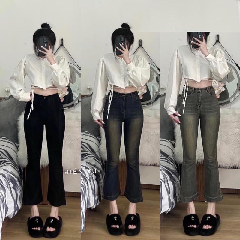 (90cm nấm lùn) Quần jeans loe 9 tấc trơn nhiều màu hot cạp cao co dãn