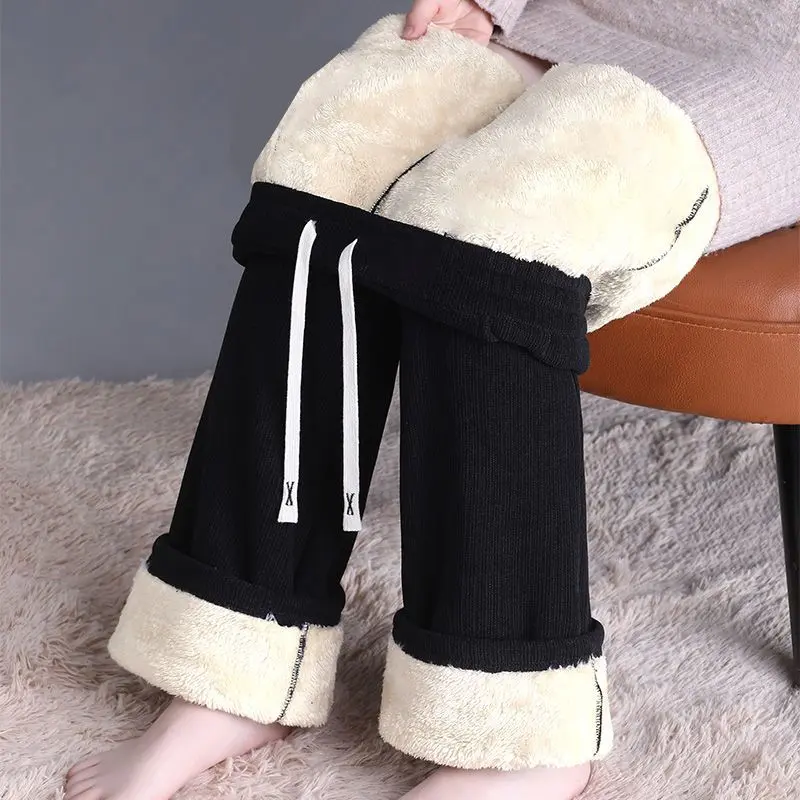 Quần Ống Rộng, Lót Lông Cừu, Dày Dặn, Quần Cashmere Mùa Thu Và Mùa Đông Cho Nữ, Hàng Mới Về, Quần Thường Ngày Ống Đứng Lông Cừu Dáng Rộng 1