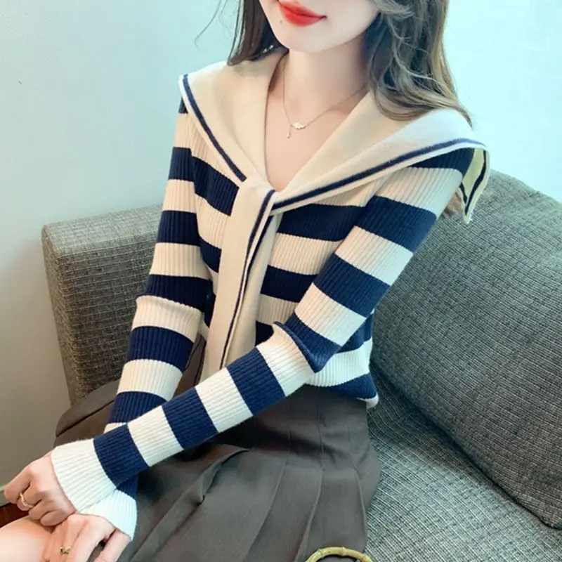 Sọc Cho Nữ, Cổ  Hải Quân, Phong Cách Preppy Mới, Dệt Kim, Thích Hợp Cho Mùa , Dễ Phối Đồ có thể giặt máy  phụ  nữ Top Women đốm trắng đường thêu hàng dệt kim  kẻ ngang đen   real madrid sweater  trễ   tay Dài Tay    nữ quảng châu    love  back áo Tre 2