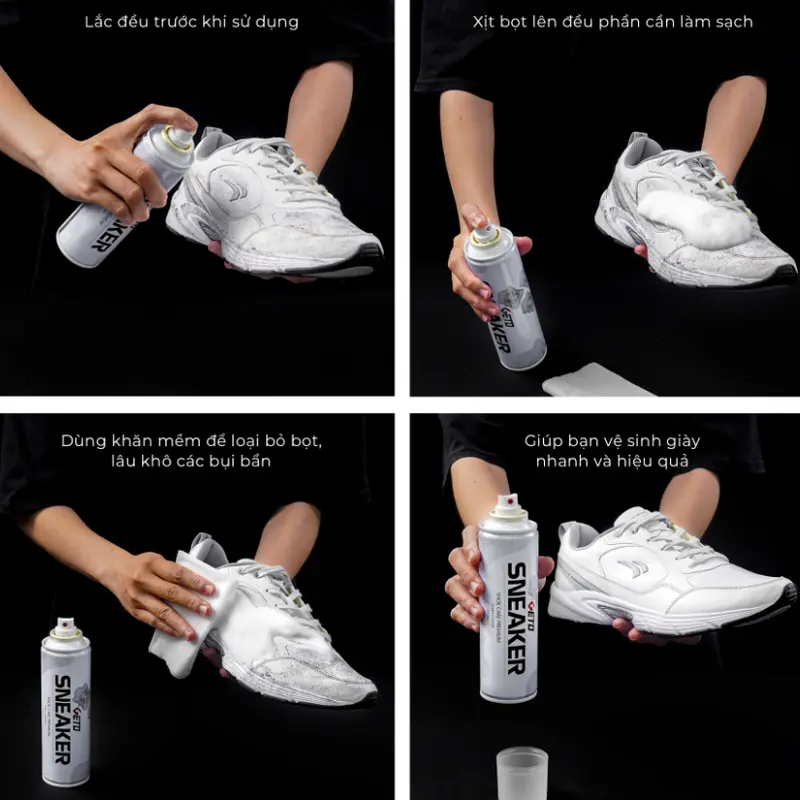 COMBO 2 Chai xịt tạo bọt GETO 300ml TẶNG bàn chải Đa năng , vệ sinh giày Sneaker cao cấp loại bỏ vết bẩn, khử mùi hôi, Nam nữ sử dụng dễ dàng chaixit bot vesinh giay nước  giặt 4