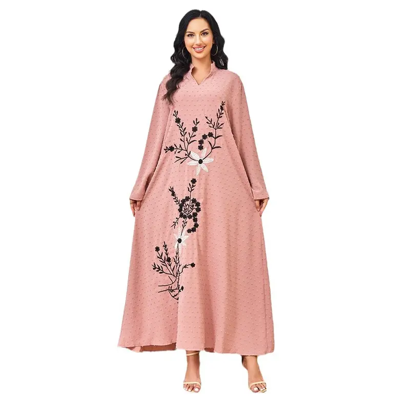 2025 Middle East Dubai Women's Robe Autumn New Arrival Embroidery Beads Pink Abaya Dress Dress 4