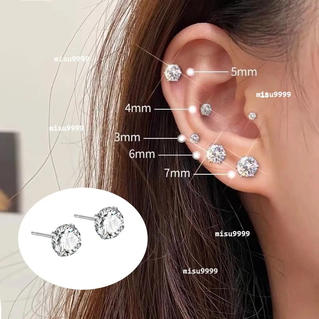 Khuyên tai s925 bạc mạ đá tròn thanh xỏ