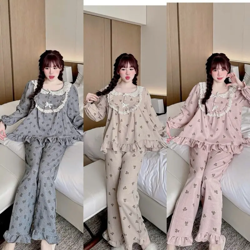 Set đồ Ngủ Tiểu Thư hoạ tiết Gấu Vân mây cho Nữ-Đũi nhung phối Cổ Ren 0