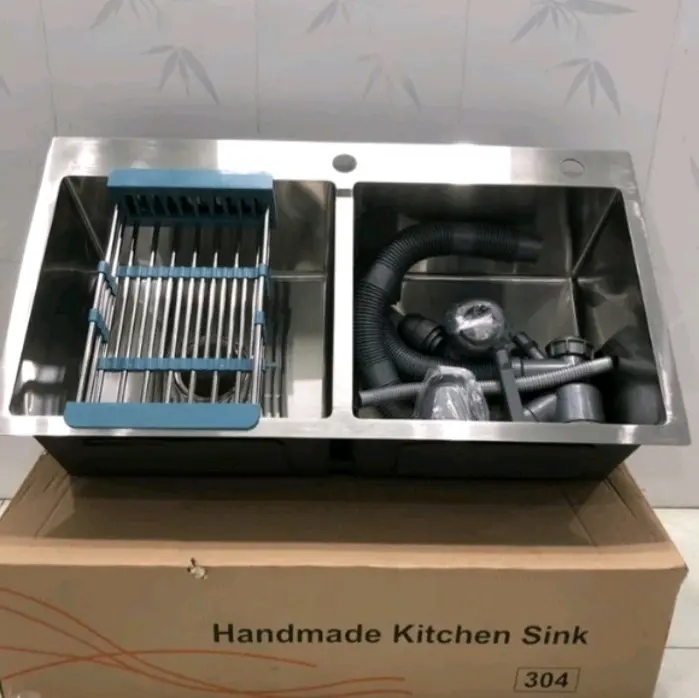 chậu đúc dầy 45x82 cao cấp inox 100%  mộc 304 có kèm bộ xã nước và rổ inox