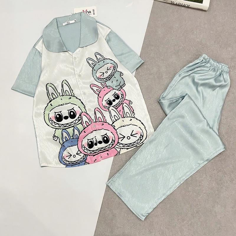 Set bộ đồ ngủ pijama mẹ và bé gái áo cộc quần dài cổ sen Labubu hồng  Women Voi- Tết Polo Top 3