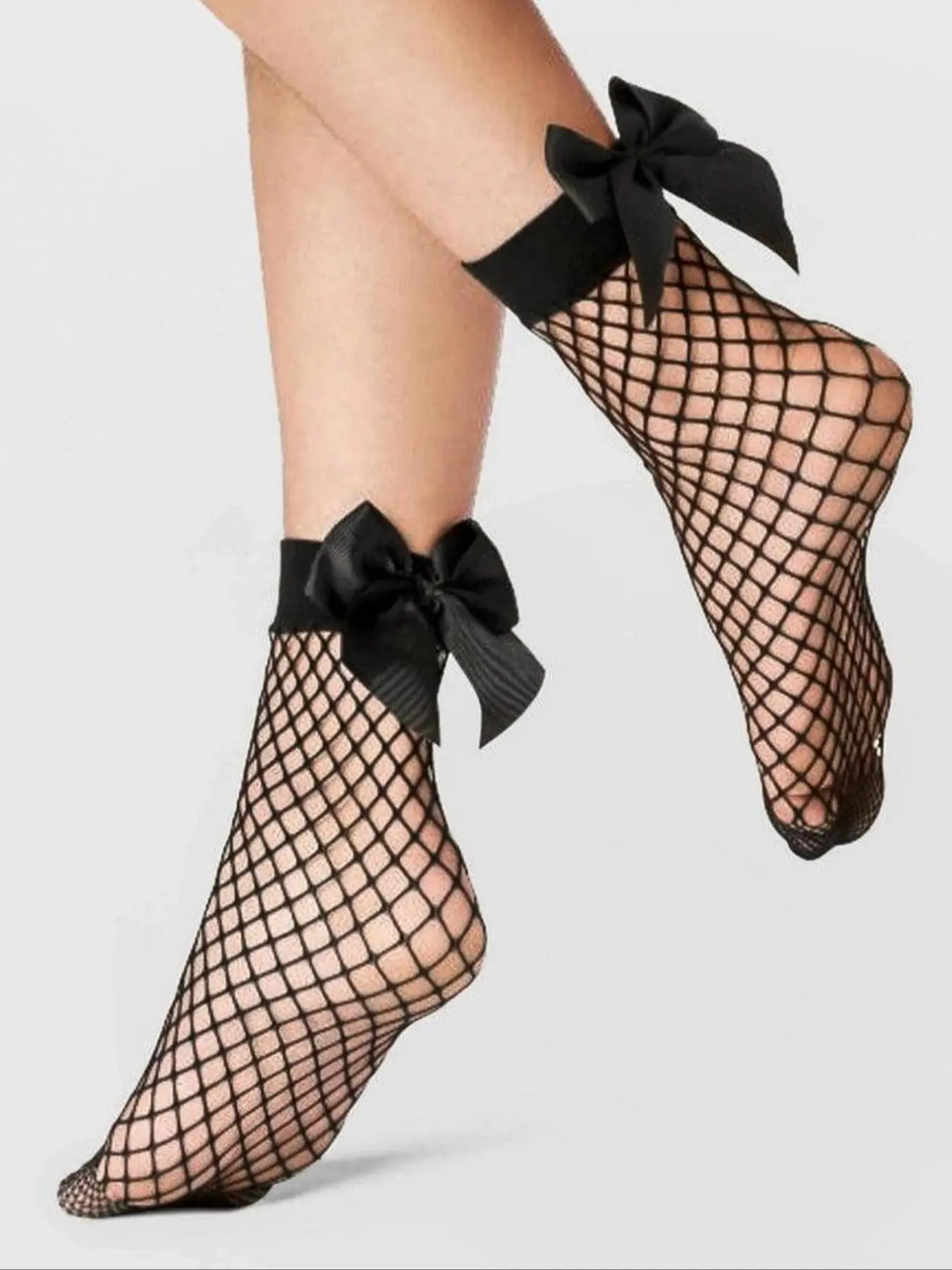 Women's 1 Pair Plain Bow Decor Fishnet Socks, Summer 2024 Black Hollow Out Mesh Socks Net Socks, Elastic Ankle Socks, Plain Crew Socks, Women's Socks & Stocking
