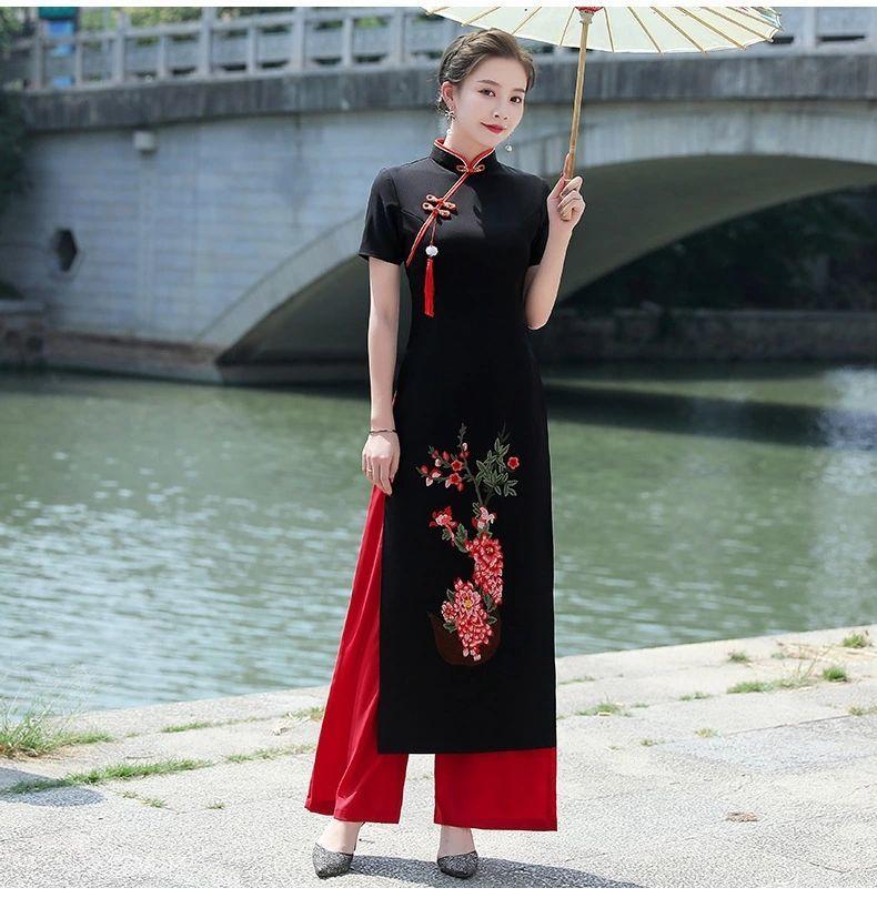 Product Introduction of Authentic Ethnic Style Vietnamese Ao Dai Cheongsam Catwalk Improved Performance Costume for Young Women Long Two-Piece Set Cheongsam Dress Traditional 7