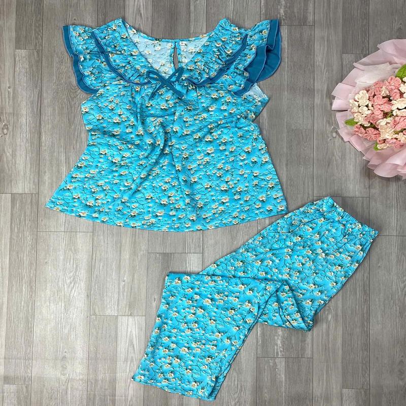Bộ Lửng Áo Cổ Phối Ren ,Tay Cánh Tiên,Quần 9 Tất Có Túi 2 Bên Chất Vải Lụa Mango Mềm Top Quần Ngủ 1