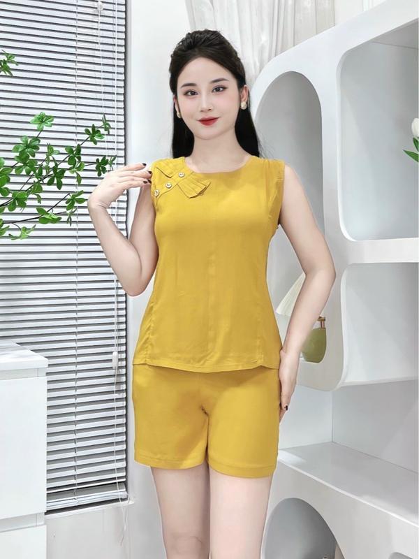 BỘ MẶC NHÀ,BỘ LANH NHUNG QUẦN ĐÙI PHỐI NƠ VAI, SIZE 45-65KG Nữ Voi Women Áo 2