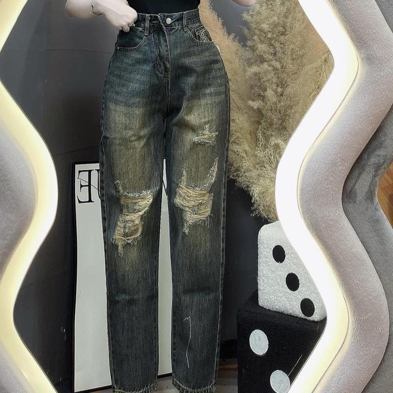 {{ SML }} Quần jeans BG : 2699 Wash Bụi Phối Rách Gối Mặt Sau Chữ Thêu 5