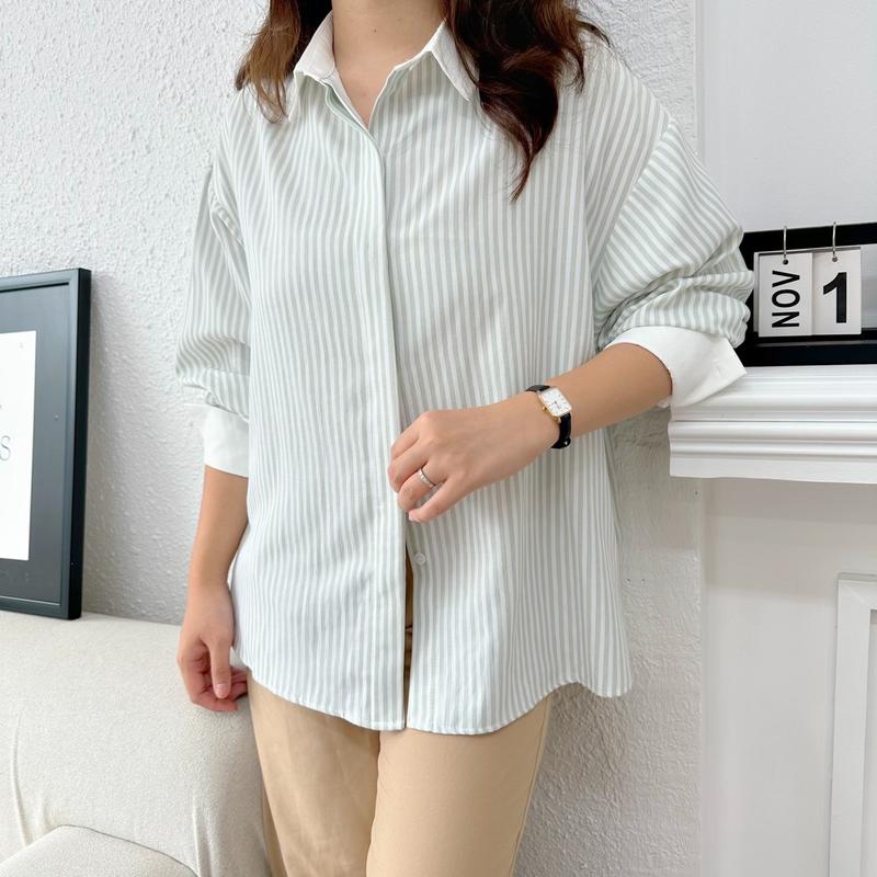 Áo sơ mi Nữ kẻ sọc phối cổ trắng chất thô đũi cotton dáng oversize Women Shirt 3