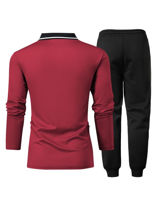 Men's Plain Button Front Polo Shirt & Drawstring Waist Pants Set, Regular Fit Long Sleeve Collared Top & Jogger Pants, Men Two-piece Outfits for Spring & Fall 8