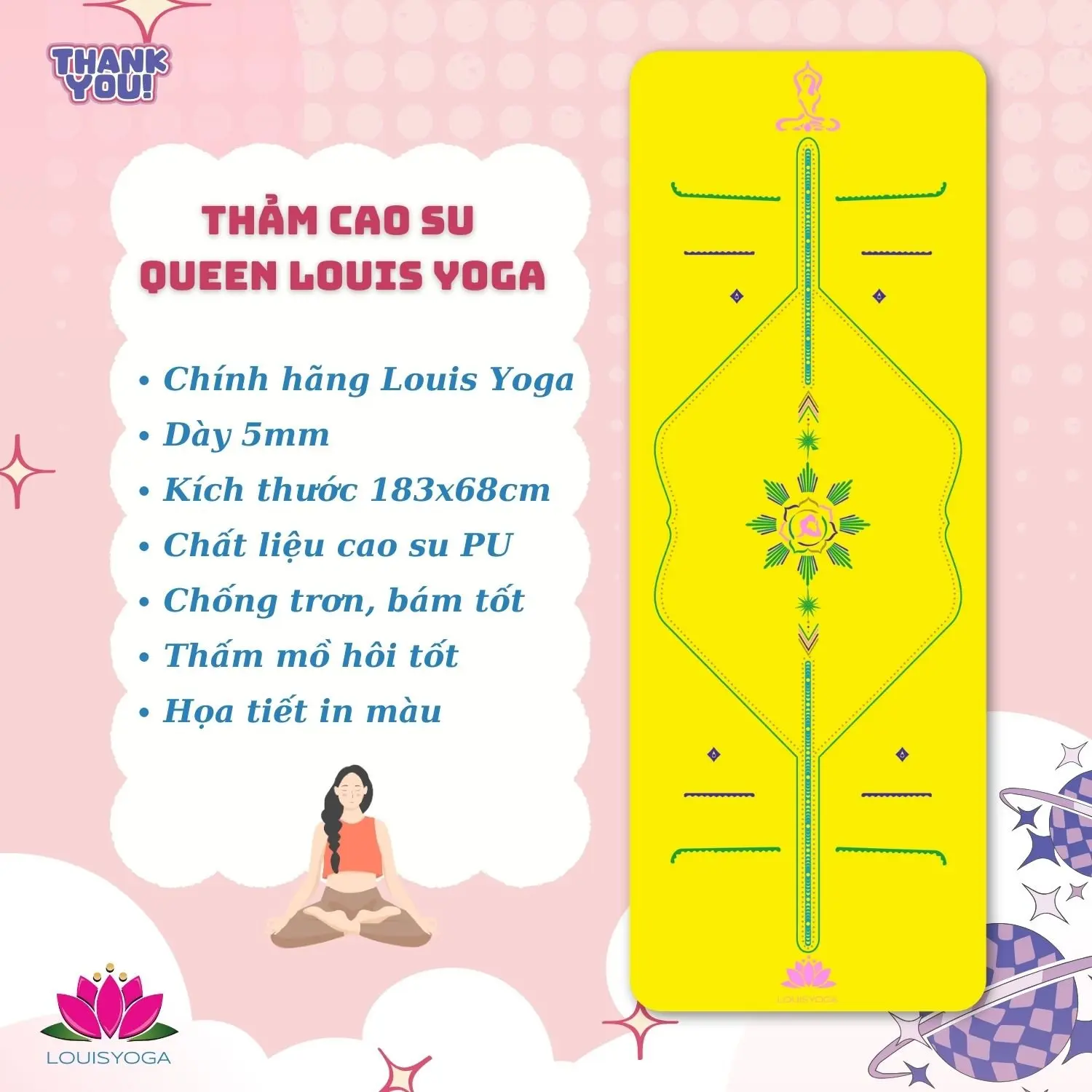 THẢM TẬP YOGA - PHIÊN BẢN QUEEN NỮ HOÀNG (MẪU CŨ) - HÃNG LOUIS YOGA - CHẤT LIỆU CAO SU TỰ NHIÊN - ĐỊNH TUYẾN - #LEESHOP