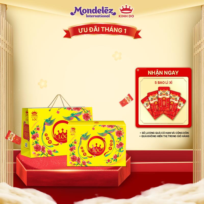 CÓ TÚI GIẤY BỘ QUÀ BÁNH TẾT KINH ĐÔ TÀI LỘC ĐỎ VÀNG - HỘP GIẤY 795G