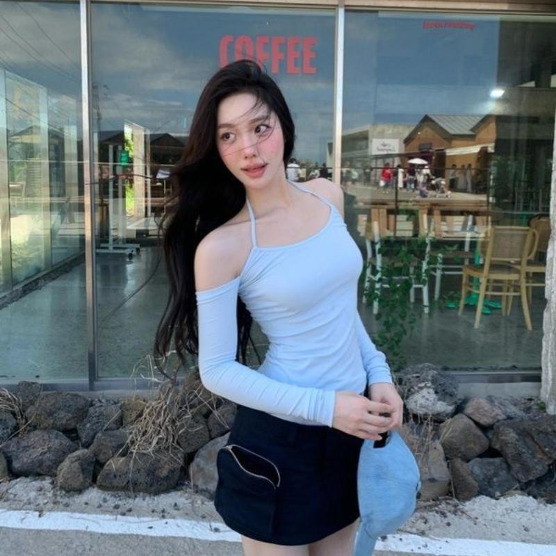 Áo Thun Cổ Yếm Dài Tay Dáng Ôm, Dành Cho Nữ, Phong Cách Mùa Thu, Gợi Cảm, Trễ Vai