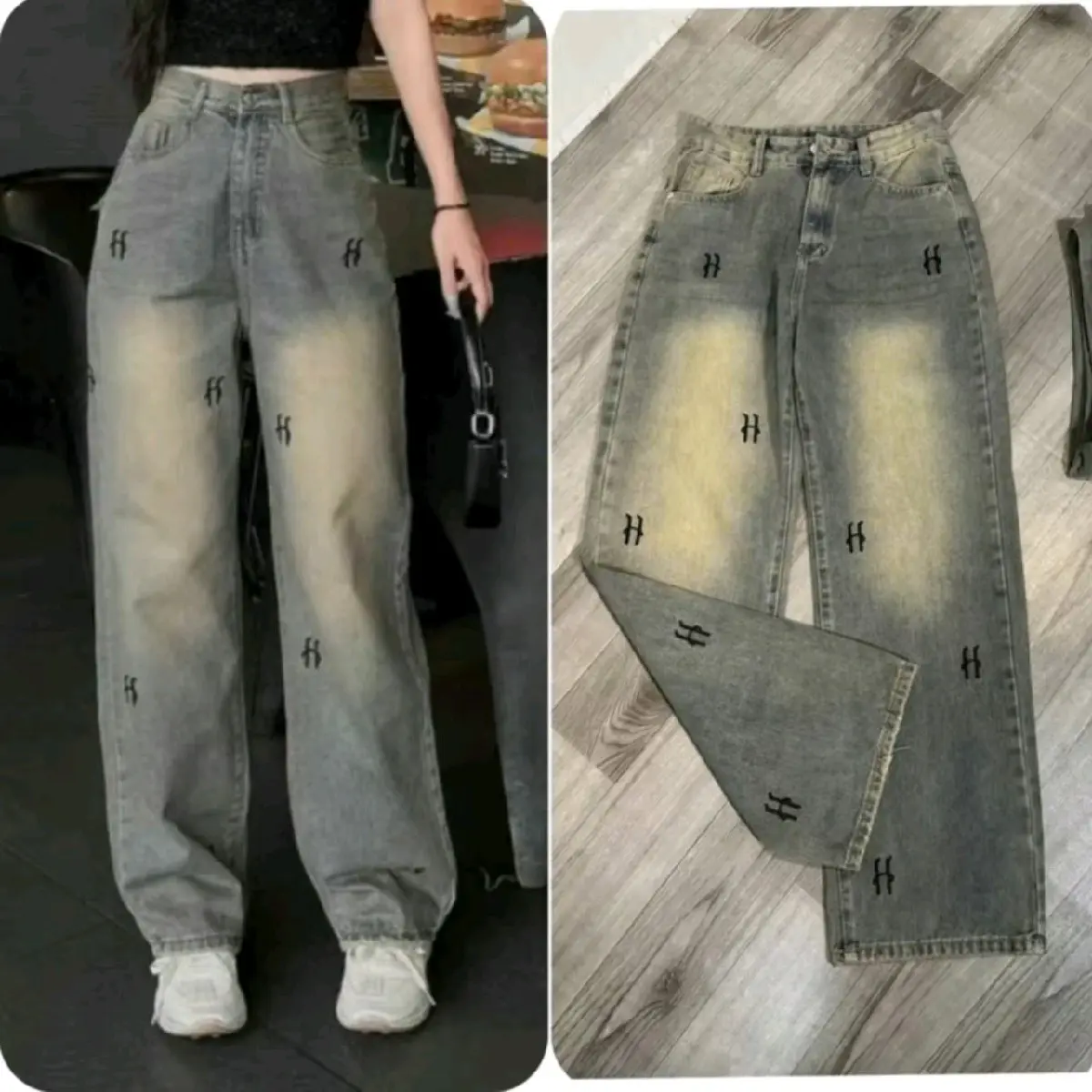 Quần jeans xuông thêu chữ H cạp cao hack dáng Nữ Women Pants