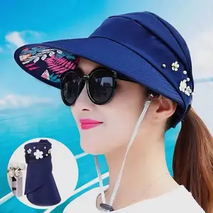 Topi Pantai Anti Sinar UV Visor Lipat Wanita Casual Pelindung Sinar UV Anti UV Untuk Pantai