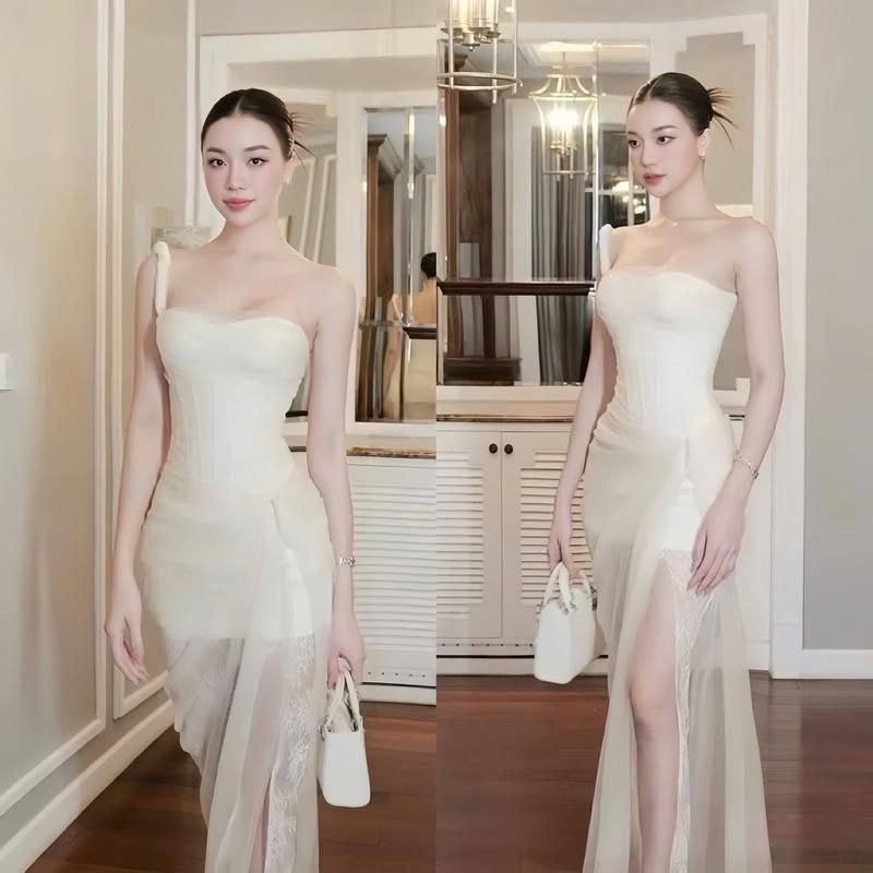  Đầm Nữ Đi Tiệc Thiết Kế EMME V2062 Cúp Ngực Phối Ren Hoa 1 Dây Cuốn Xoắn Dáng Dài Xếp Ly Cách Điệu Top New new   Kèm Tag Bướm   - Thanh Tự 