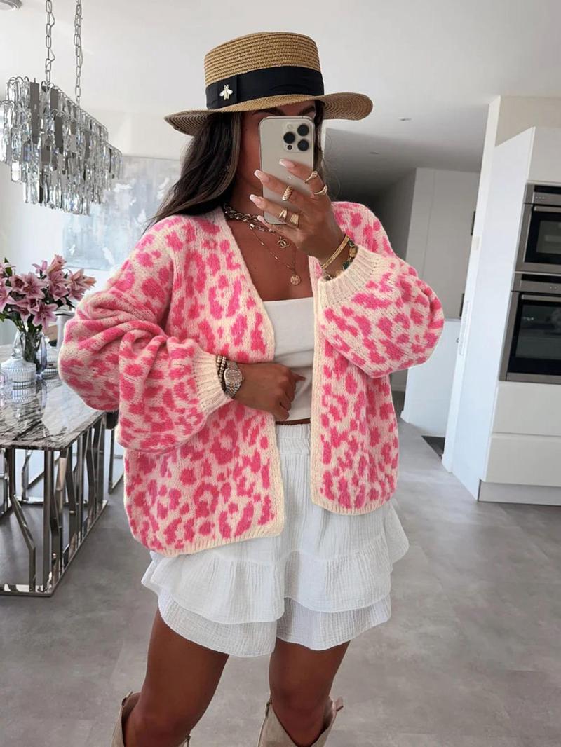 Product Introduction of Women's Colorblock Leopard Drop Shoulder Cardigan, Casual Long Sleeve Open Front Knitwear for Fall & Winter, Fashion Women's Knit Clothing for Daily Wear 1