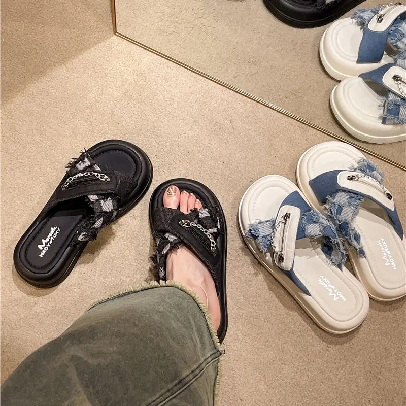 Dép Denim, Cao Cấp Cho Nữ, Đế Dày, Tăng Chiều Cao, Chống Trượt, Dép Xỏ Ngón Đế Thời Trang, Hàng Mới Về Mùa Hè 5