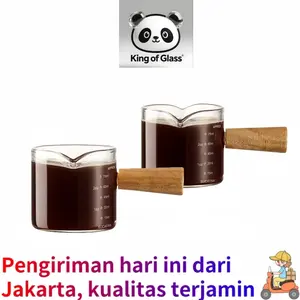 Gelas Pitcher Kaca Handle Kayu Kopi Latte Art SKM Tempat Sauce Steak 50ml -100ml  Gelas Milk Jug 100ML Gelas Ukur Kopi Anti Tumpah Kaca Borosilicate