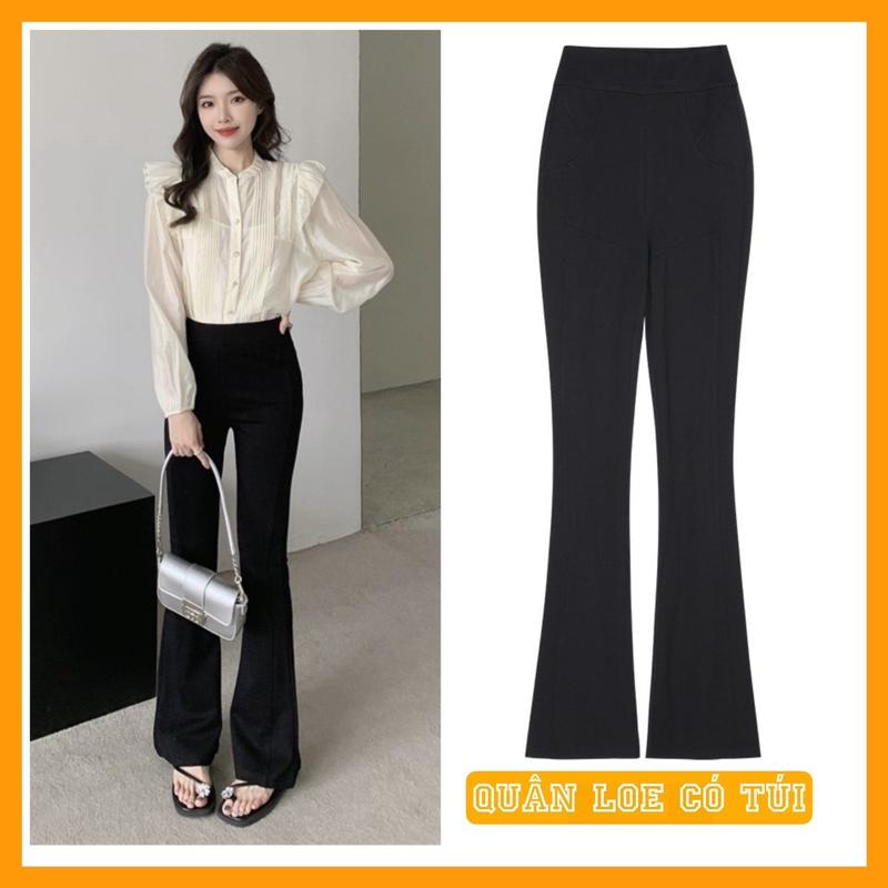 Quần ống loe có túi legging cotton nữ lưng cao co dãn / hách chân tôn dáng