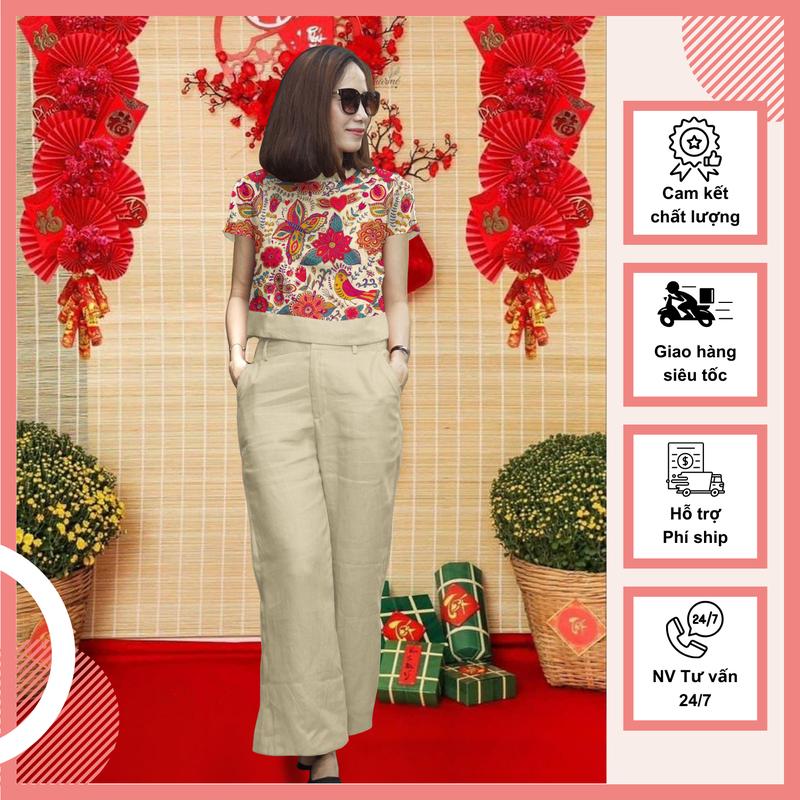 set đồ nữ LION, Set bộ nữ áo chất liệu đũi trơn in hoạ tiết sang trọng, quần ống suông lưng thun phía sau, chất liệu đũi tơ xước