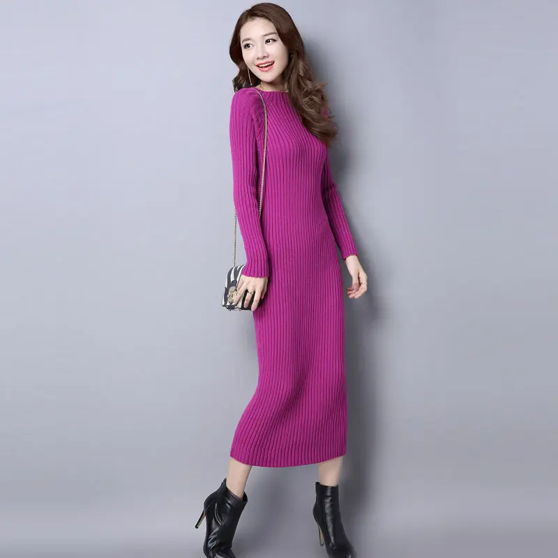 Váy Dệt Kim, Dày Dặn, Dài Tay, Mùa Thu Và Mùa Đông, Phong Cách Hàn Quốc, Mỏng Vừa Vặn, Bó Sát, Dễ Phối Đồ, Váy Len Dài T, Trên Đầu Gối, Bảo Vệ