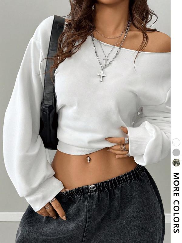 Women's Plain Off The Shoulder Sweatshirt, Casual Street Fashion Long Sleeve Pullover for Daily Wear, Ladies Spring Clothes 3