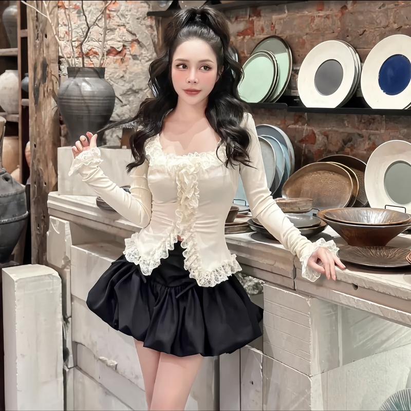 Set Áo Dài Cổ U Viền Bèo Ren + Cv Nơ Bồng Xoè Tiểu Thư By Trang Mun  C29 Quần Nữ