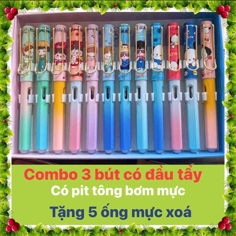 Combo 3 bút máy có đầu xoá có pit tông bơm mực + tặng kèm 5 ống mực xoá được.