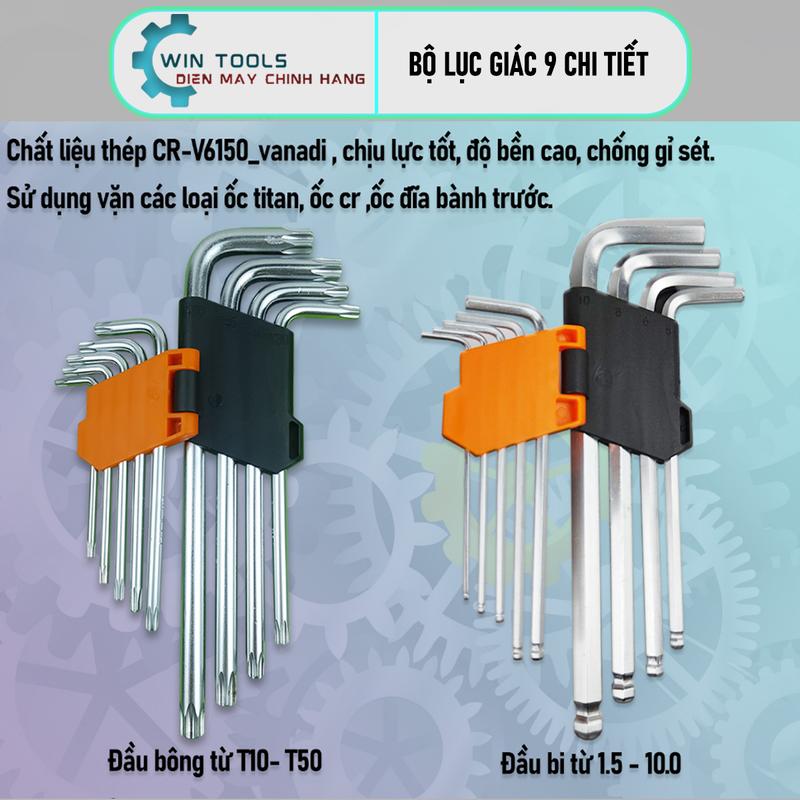 Bộ Lục Giác 9 chi tiết, Lục giác hoa thị, Lục giác đầu bông, Thép cadivar siêu cứng, siêu bền