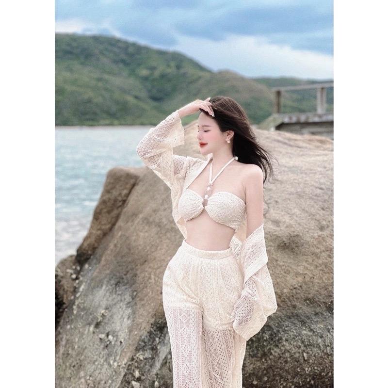 Set bikini đồ bơi nữ 3 món sang chảnh áo 2 dây kèm áo khoác ngoài phối quần ren xinh đẹp đi chơi đi biển du lịch tính 0