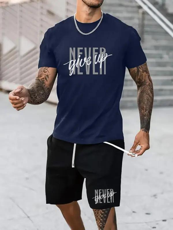 Two-Piece Set Men's Letter Print Tee & Shorts, Regular Fit Round Neck Short Sleeve T-Shirt & Track Shorts, Casual Summer Clothes Set for Outdoor 3