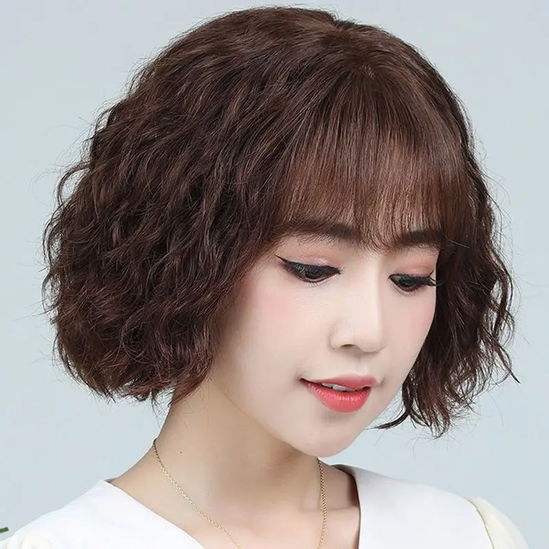 Tóc Giả Cho Nữ, Tóc Ngắn, Tóc Giả Perm Ngô Bồng Bềnh Như Thật, Trùm Đầu, Tóc Giả Thực Tế, Tóc Giả Ngắn Cuộn Len, Tóc Giả Cho Mẹ, Tóc Giả Trung Niên 4