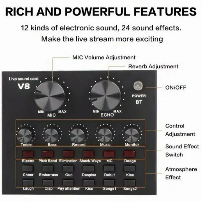 Sound card V8 Bluetooth Mixer SoundCard V8 Audio Interface USB External Soundcard Live Broadcast Microphone Headset V8 1