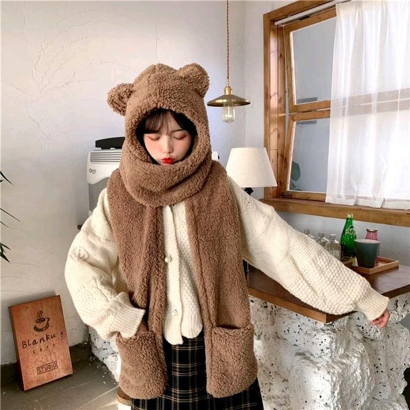 Mũ nón lông tai gấu kèm khăn quàng cổ bao tay 3 trong 1 ấm áp phong cách thời trang Hàn Quốc 4