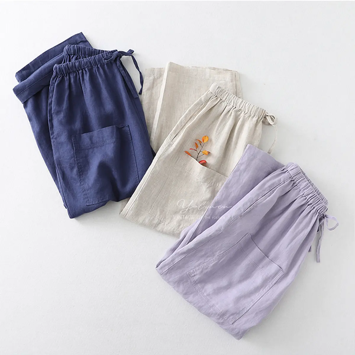 Quần lửng 9 tấc linen ống rộng đa năng YOLINEN thoải mái QD006