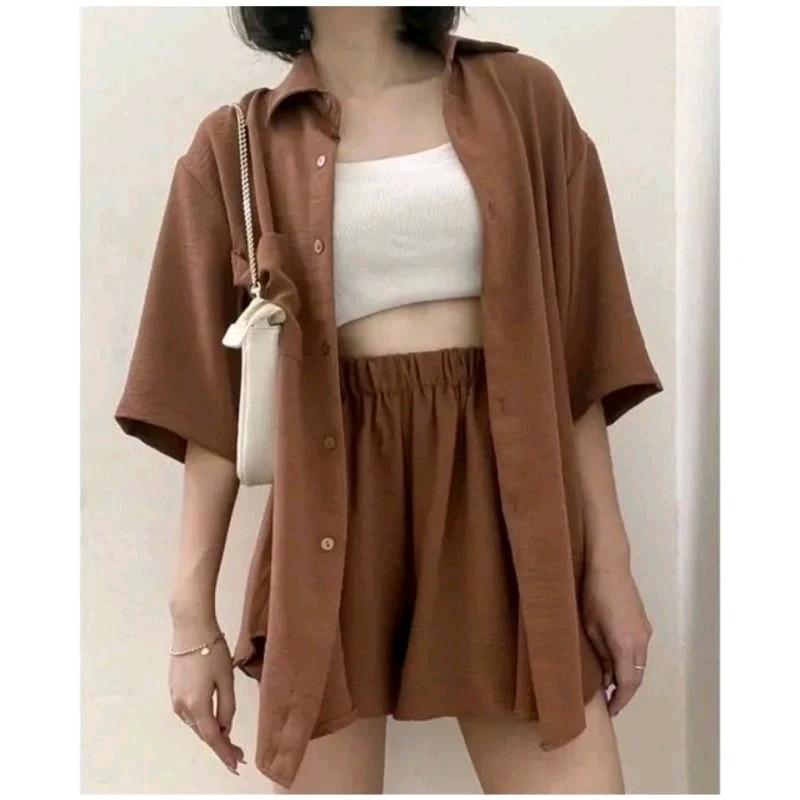 Kora One Set  Celana Hotpants | Setelan  Wanita Crinkle Airflow | Atasan Kerah Kantong Full Kancing Celana Full Karet 3