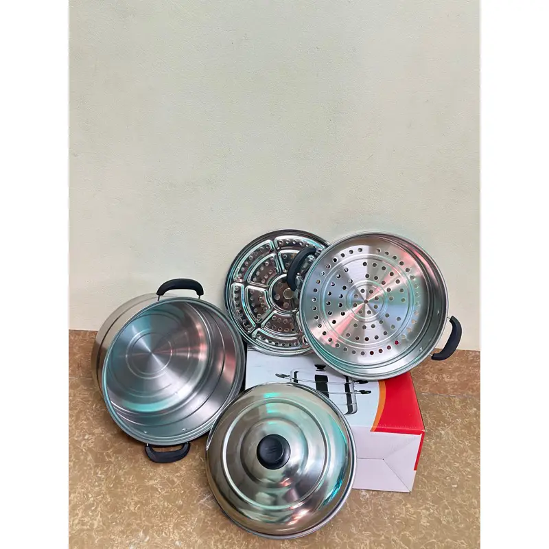 Nồi Hấp Inox 3 Tầng 28CM Dùng Cho Cả Bếp Từ Và Bếp Ga Tặng Kèm Xửng Hấp 5