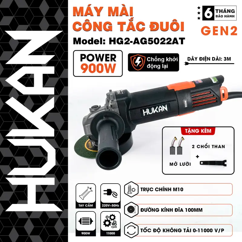 Máy mài công tắc đuôi Hukan HG2-AG5022AT (chống khởi động lại) - 900W, 11000V/p, 100mm, M10, 3m dây điện, 6 tháng BH 0