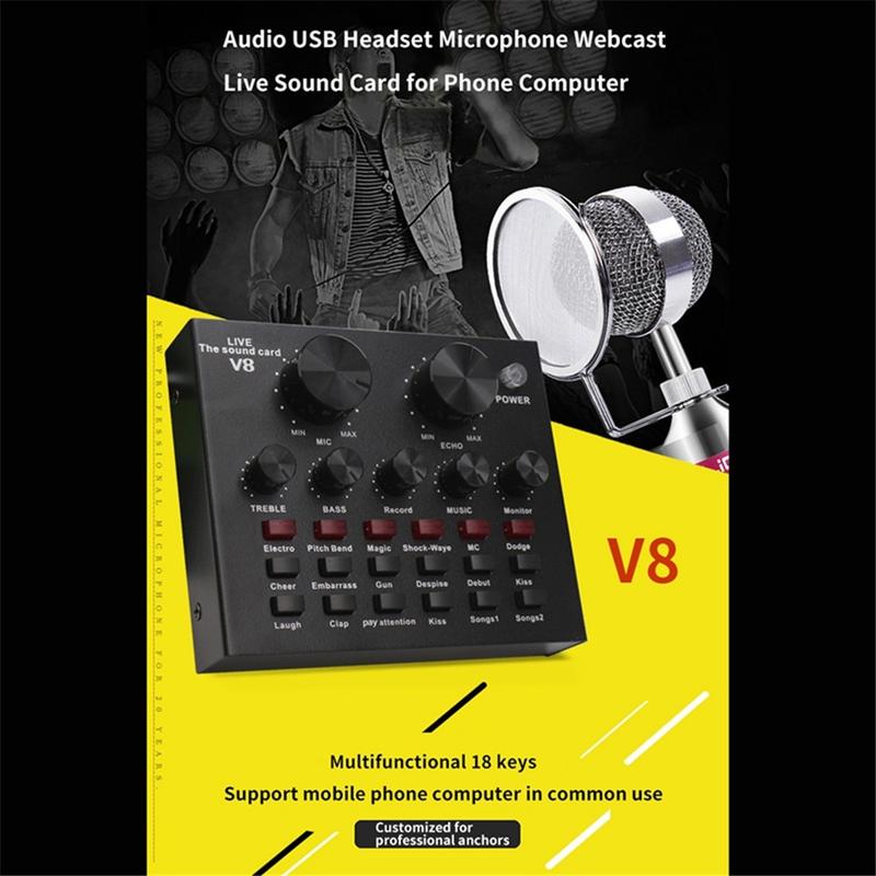 Product Introduction of Soundcard V8 Lengkap Ori V8 Sound Card Microphone Webcast Live External Sound Card with Personal Entertainment Streamer for Phone Computer Sound Card V8 Audio Soundcard New 2
