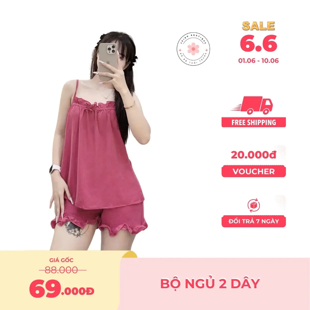 quần áo ngủ 2 dây nơ, hàng thiết kế, chất liệu vải đũi mềm mát, thoải mái